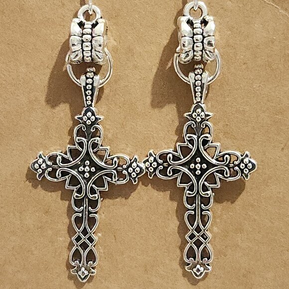 Ornate Baroque / Gothic Silver Tone Cross Earrings - Picture 1 of 7